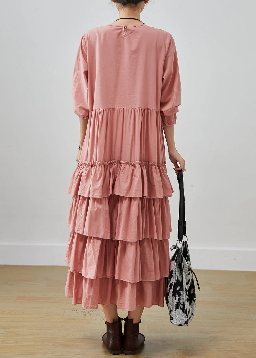 Pink Oversized Cotton Holiday Dress Layered Ruffles Spring - Image 3