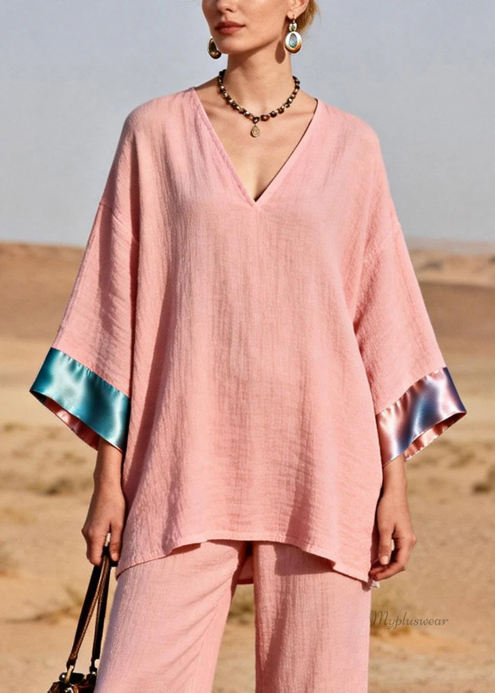 Pink Oversized Tops And Crop pants Silk Patchwork Two Pieces Set V Neck - Image 2