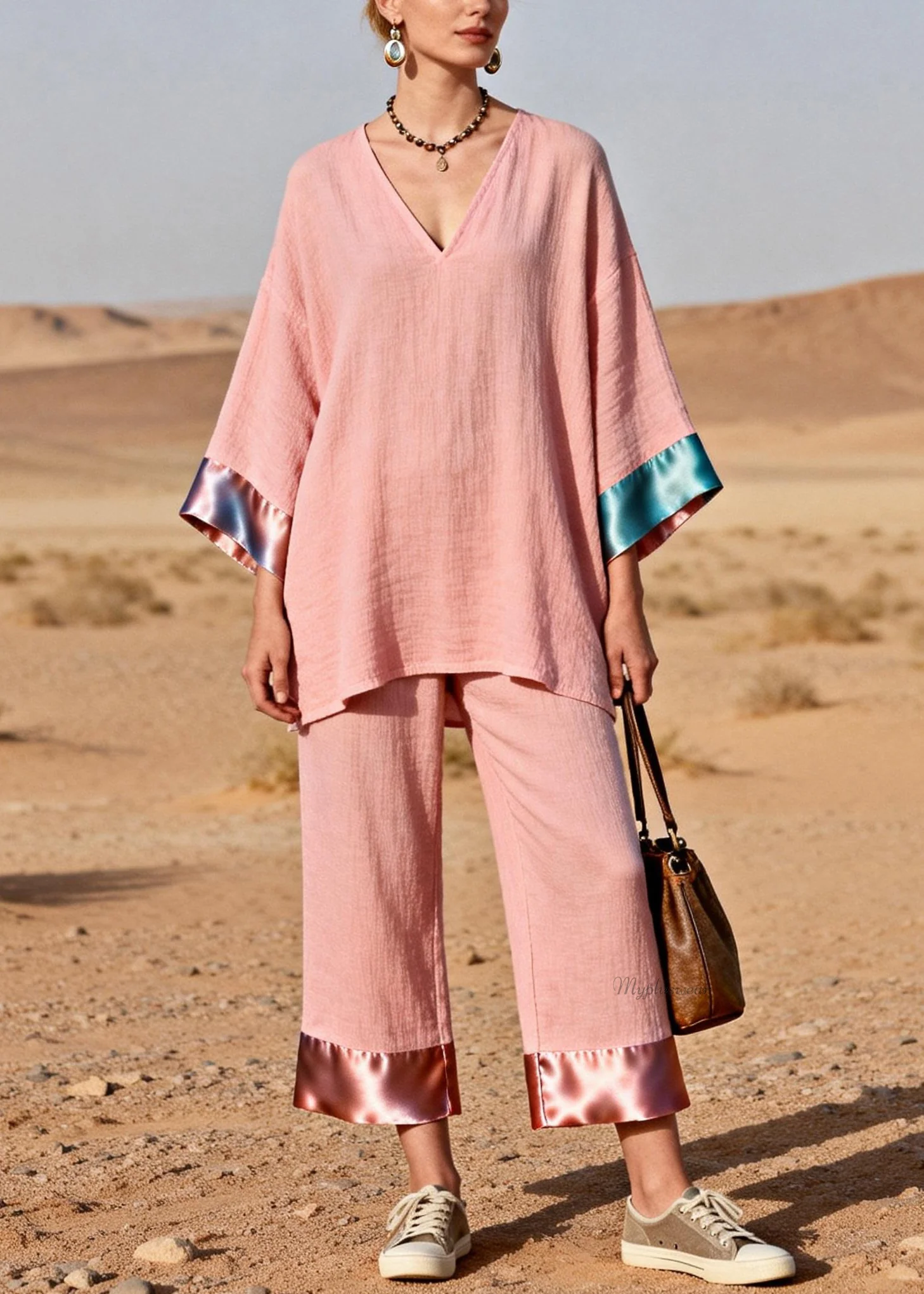 Pink Oversized Tops And Crop pants Silk Patchwork Two Pieces Set V Neck - Image 3