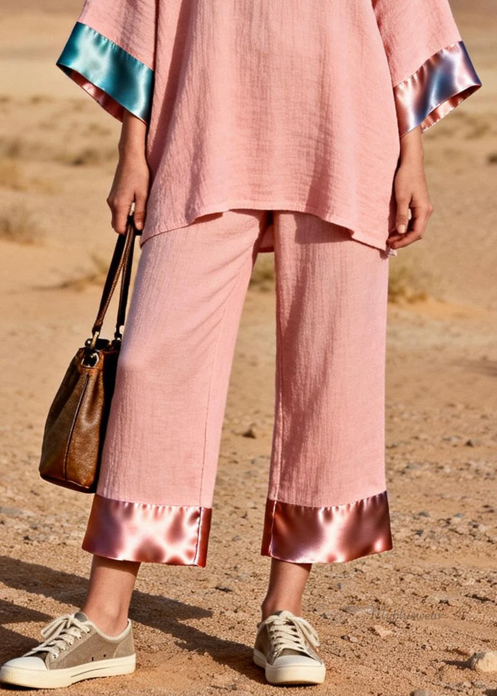 Pink Oversized Tops And Crop pants Silk Patchwork Two Pieces Set V Neck - Image 4