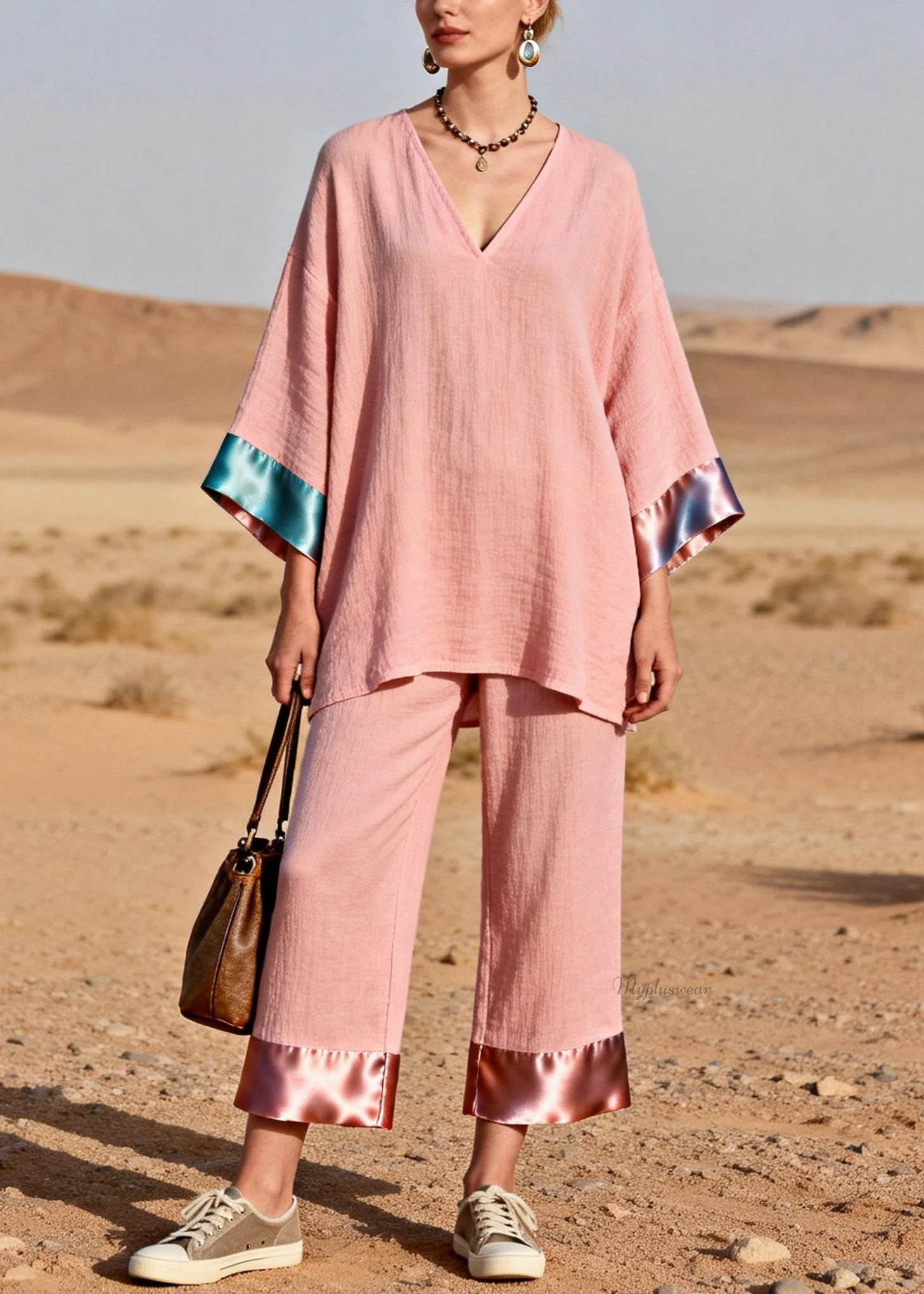 Pink Oversized Tops And Crop pants Silk Patchwork Two Pieces Set V Neck - Image 5
