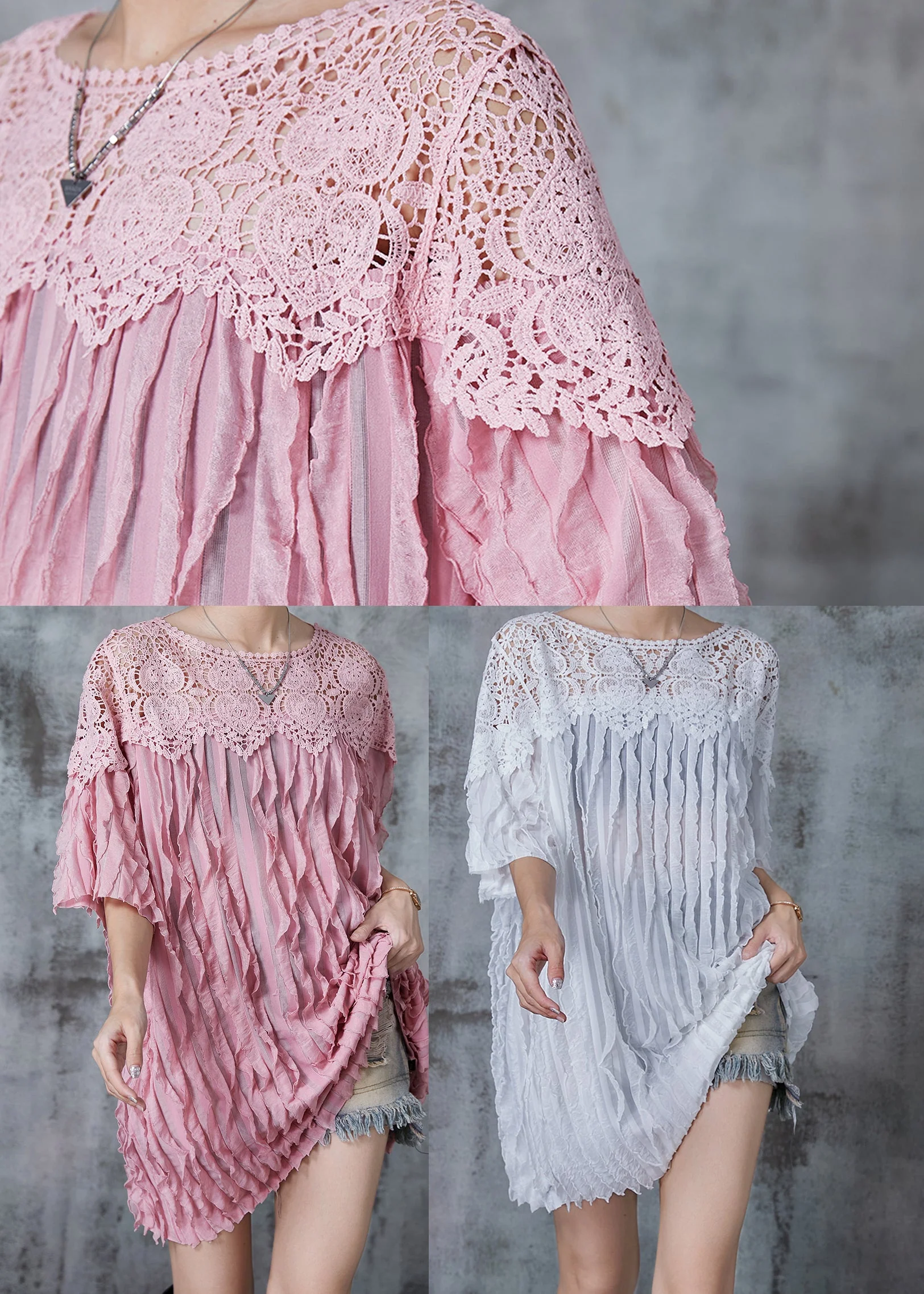 Pink Patchwork Cotton Day Dresses Oversized Summer - Image 5