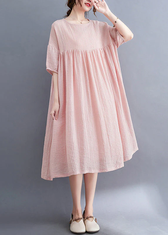 Pink Patchwork Cotton Vacation Dresses Oversized Wrinkled Summer - Image 3