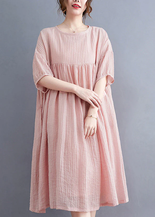 Pink Patchwork Cotton Vacation Dresses Oversized Wrinkled Summer - Image 4