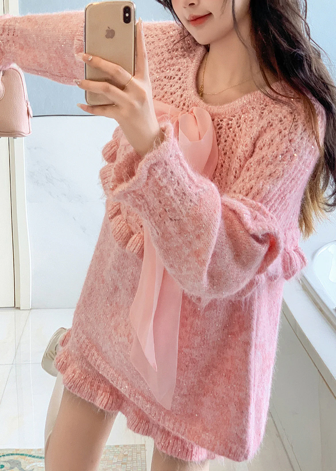 Pink Patchwork Knit Two Pieces Set Ruffled Bow Spring - Image 2