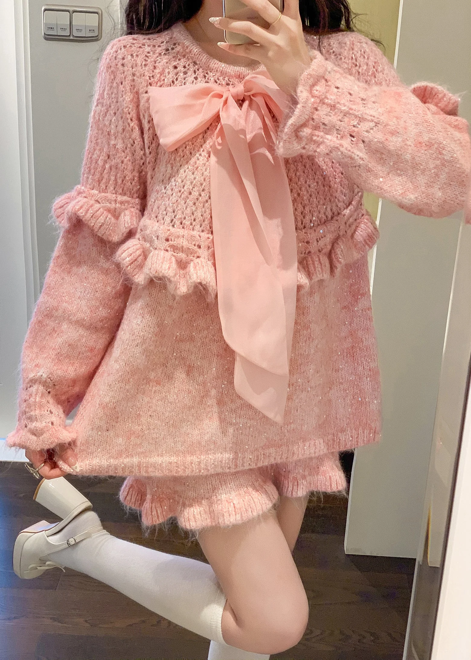 Pink Patchwork Knit Two Pieces Set Ruffled Bow Spring - Image 4