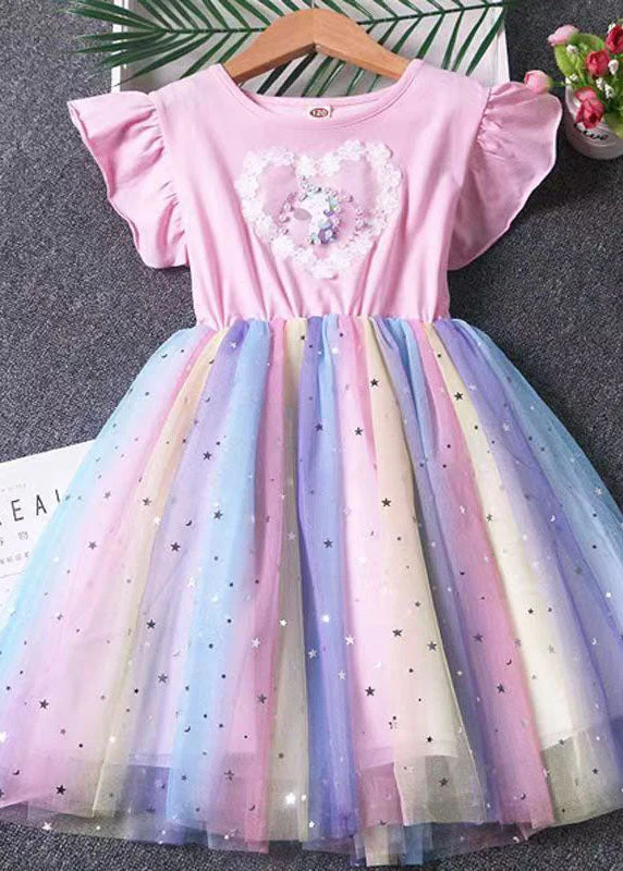 Pink Patchwork Tulle Baby Girls Dress Pony Sequins Wrinkled Summer - Image 2
