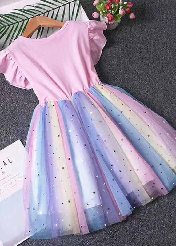 Pink Patchwork Tulle Baby Girls Dress Pony Sequins Wrinkled Summer - Image 3