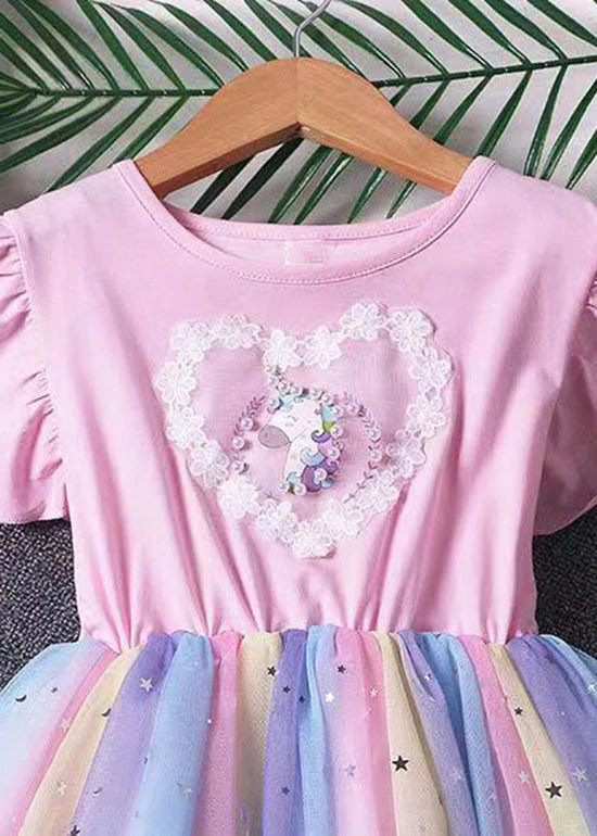 Pink Patchwork Tulle Baby Girls Dress Pony Sequins Wrinkled Summer - Image 4