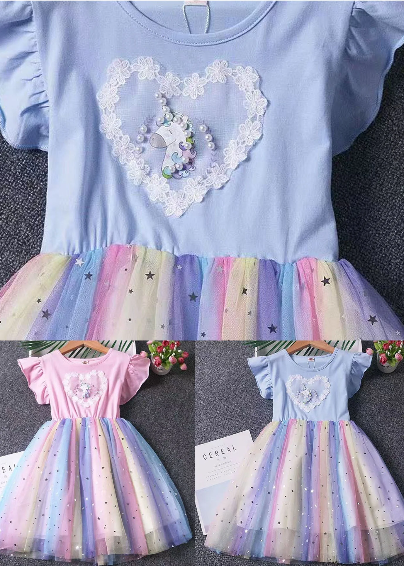 Pink Patchwork Tulle Baby Girls Dress Pony Sequins Wrinkled Summer - Image 5