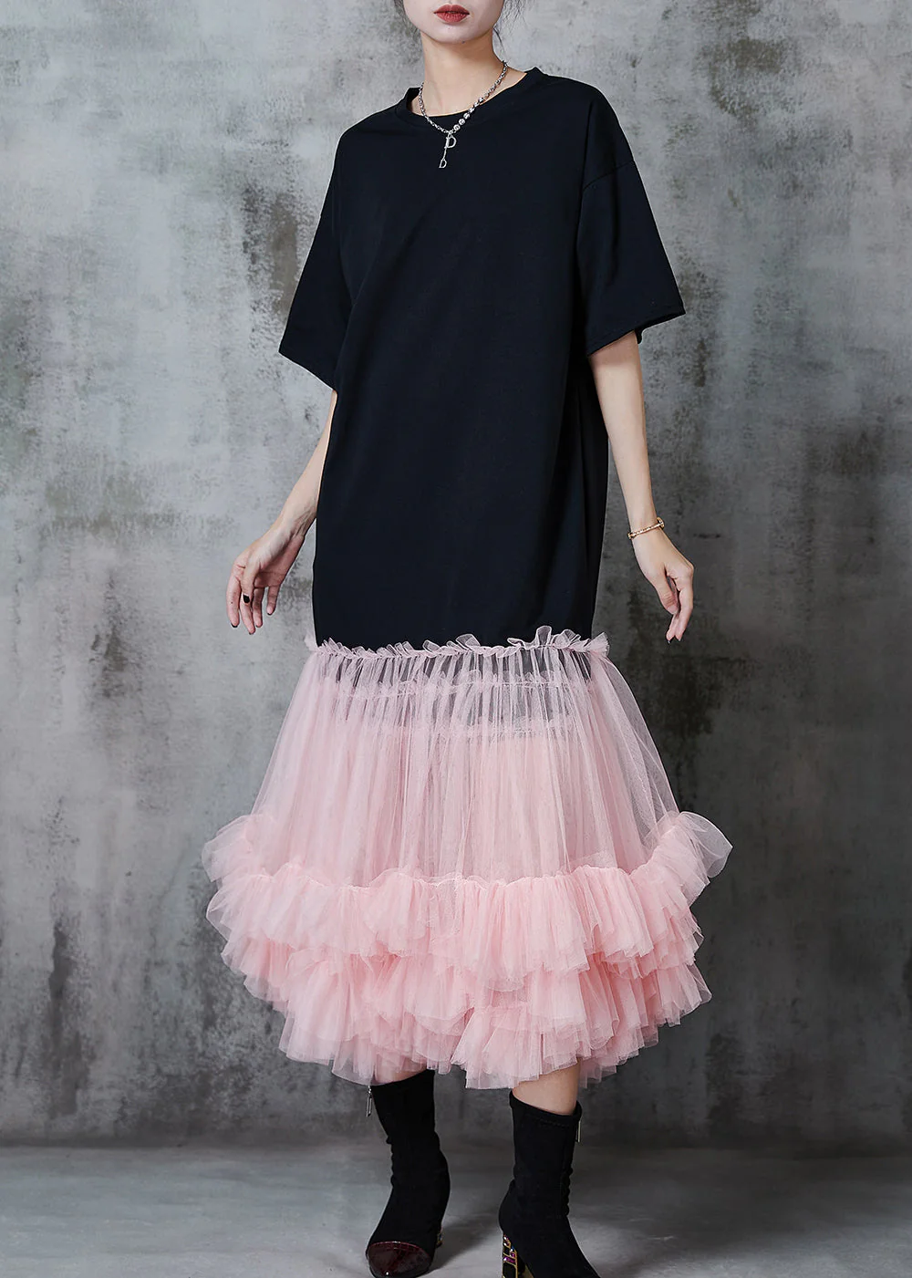 Pink Patchwork Tulle Cotton Long Dress Oversized Summer - Image 2