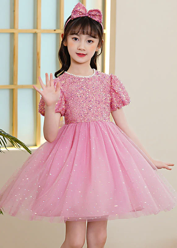 Pink Patchwork Tulle Kids Girls Maxi Dresses Sequins Exra Large Hem Puff Sleeve - Image 2