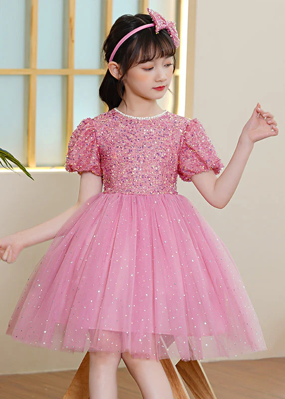 Pink Patchwork Tulle Kids Girls Maxi Dresses Sequins Exra Large Hem Puff Sleeve - Image 3