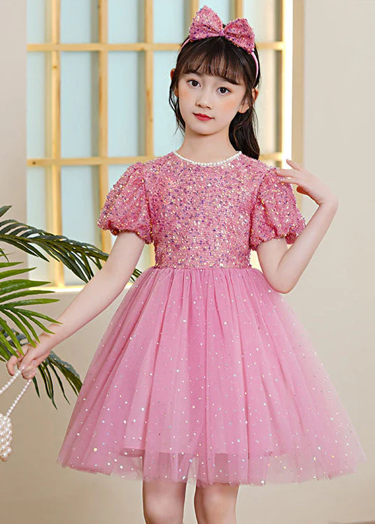 Pink Patchwork Tulle Kids Girls Maxi Dresses Sequins Exra Large Hem Puff Sleeve - Image 4