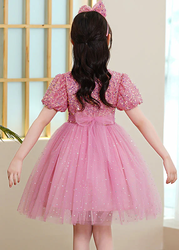 Pink Patchwork Tulle Kids Girls Maxi Dresses Sequins Exra Large Hem Puff Sleeve - Image 5