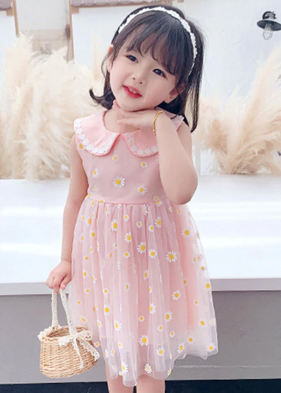 Pink Peter Pan Collar Tulle Girls Maxi Dress Summer - Image 2