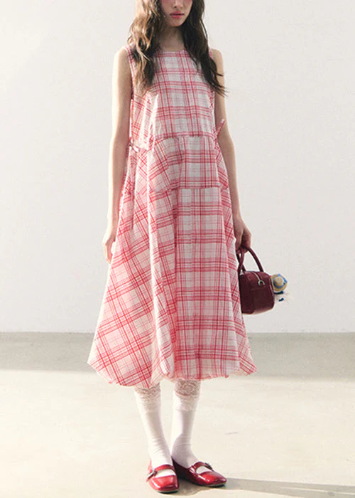 Pink Plaid Lace Up Cotton Long Dress Zippered Summer - Image 3