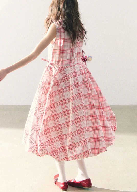 Pink Plaid Lace Up Cotton Long Dress Zippered Summer - Image 4