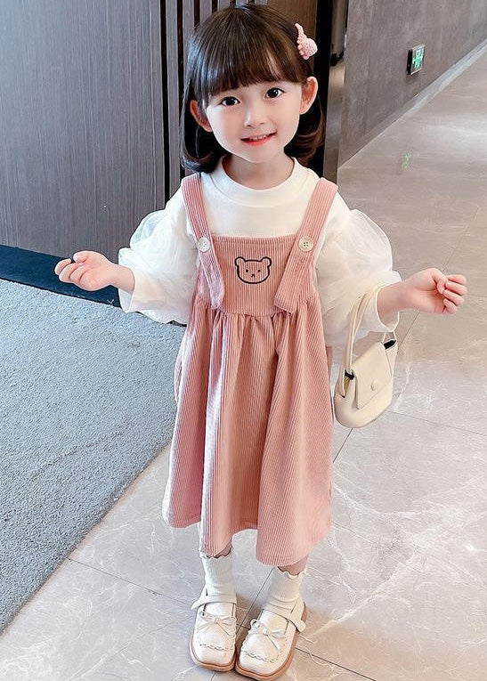 Pink Print Button Corduroy Girls Slip Dress And Top Two Pieces Set Sleeveless - Image 2