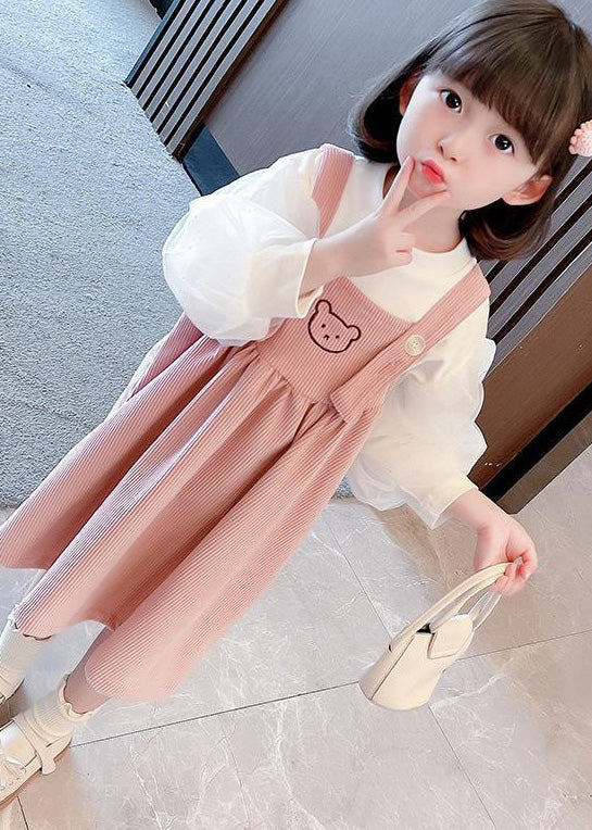 Pink Print Button Corduroy Girls Slip Dress And Top Two Pieces Set Sleeveless - Image 3
