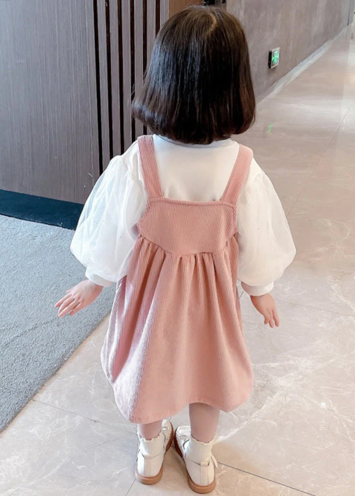 Pink Print Button Corduroy Girls Slip Dress And Top Two Pieces Set Sleeveless - Image 4