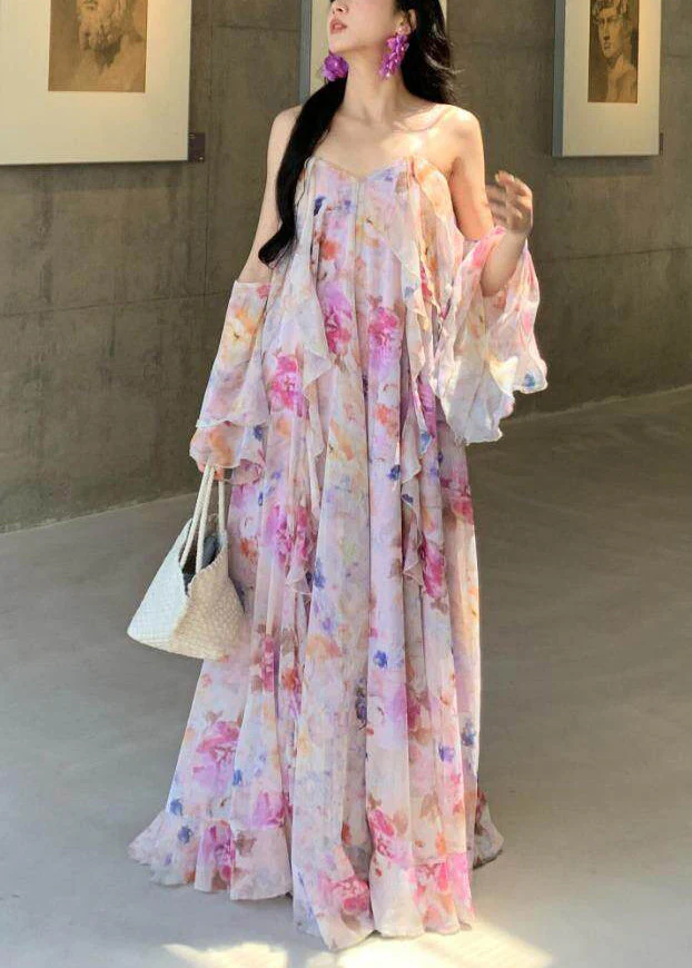 Pink Print Chiffon Holiday Dress Backless Exra Large Hem Summer - Image 3