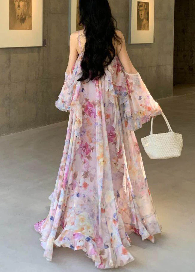 Pink Print Chiffon Holiday Dress Backless Exra Large Hem Summer - Image 4
