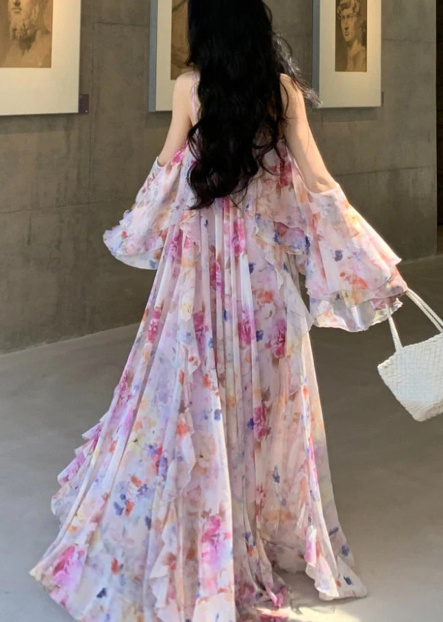 Pink Print Chiffon Holiday Dress Backless Exra Large Hem Summer - Image 5