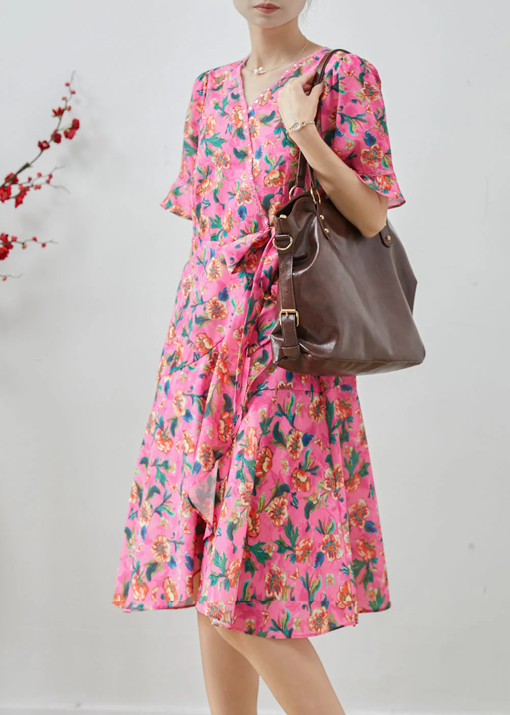 Pink Print Chiffon Holiday Dress Tie Waist Summer - Image 2