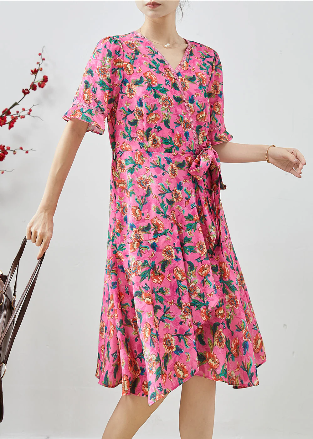 Pink Print Chiffon Holiday Dress Tie Waist Summer - Image 3