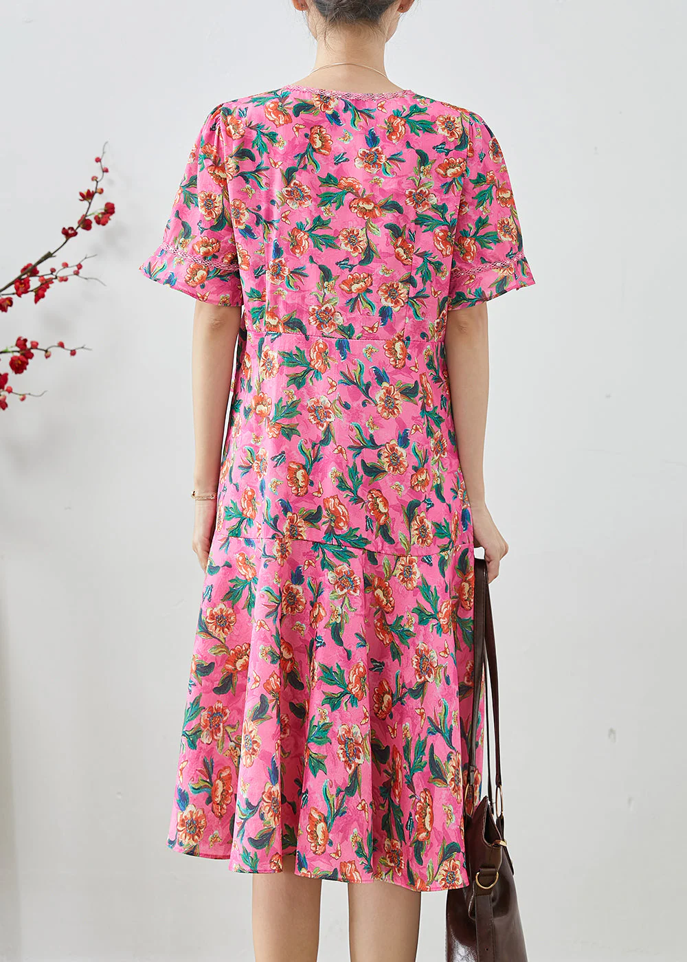 Pink Print Chiffon Holiday Dress Tie Waist Summer - Image 4