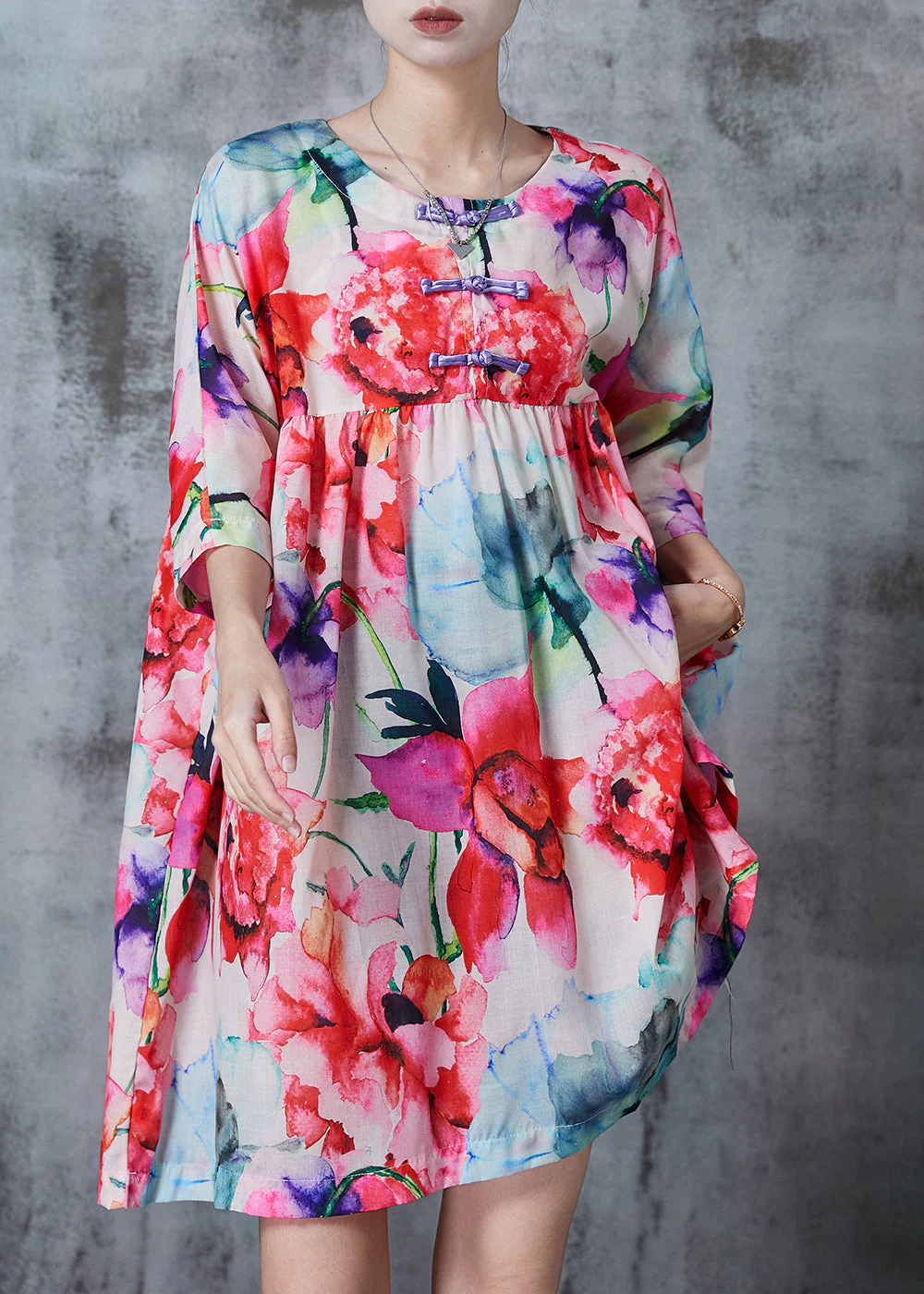 Pink Print Cotton Work Dress Chinese Button Summer - Image 2