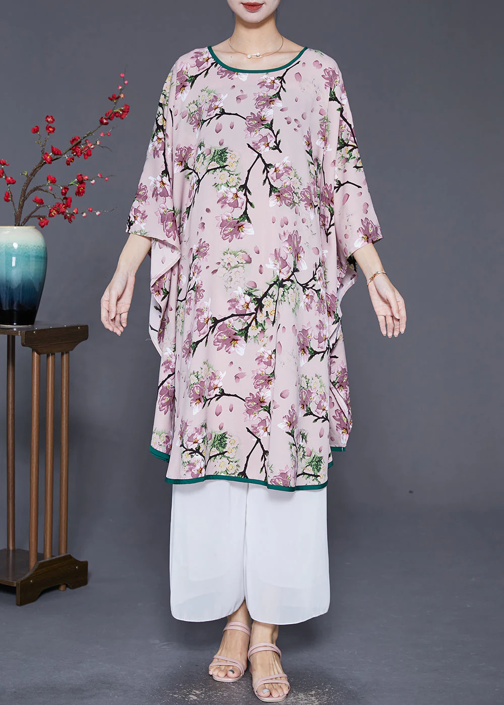 Pink Print Ice Silk Beach Dress Oversized Batwing Sleeve - Image 2