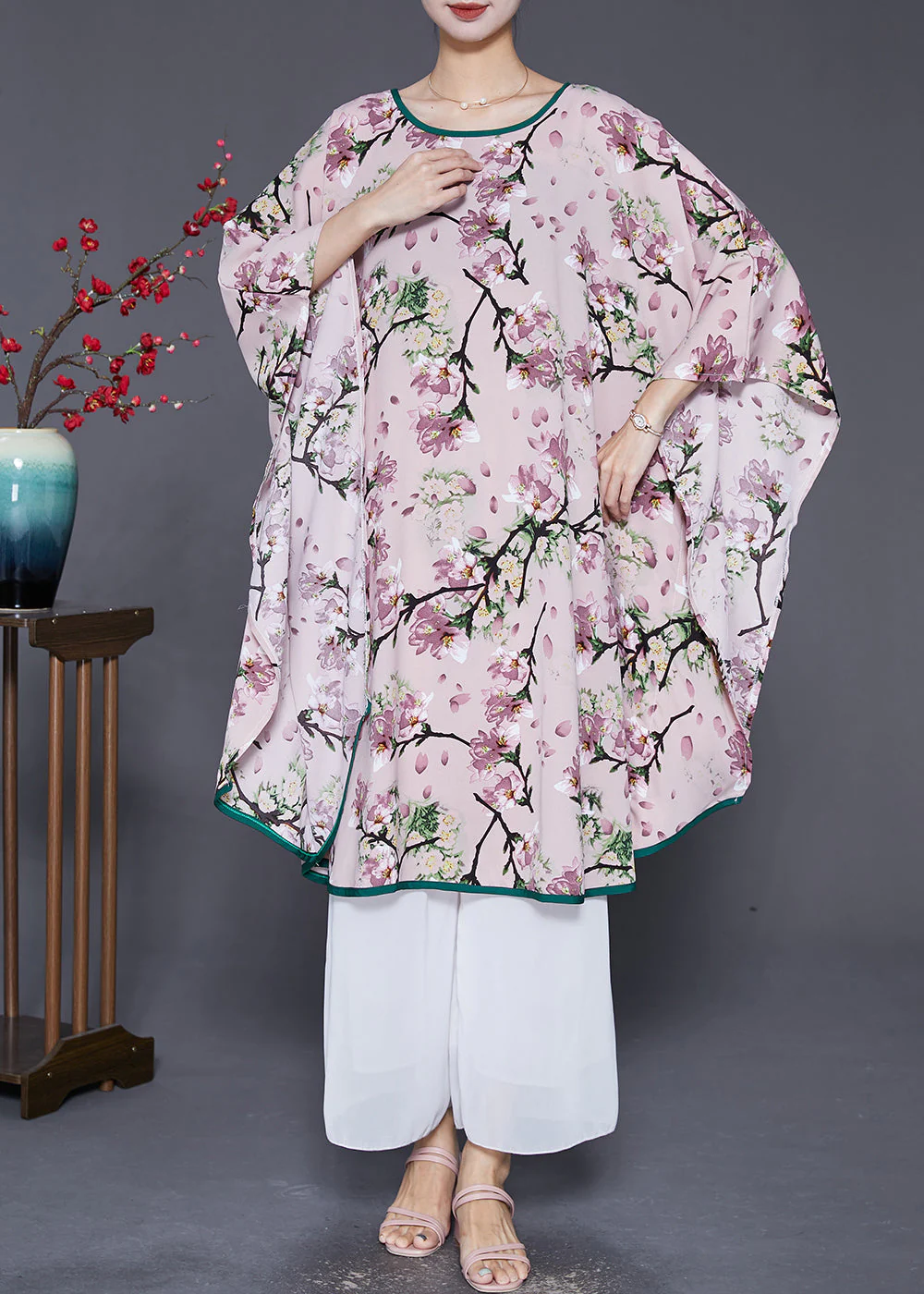Pink Print Ice Silk Beach Dress Oversized Batwing Sleeve - Image 3