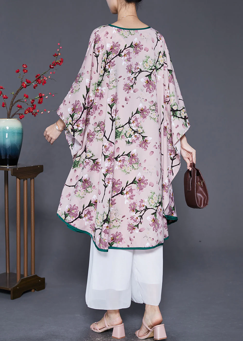 Pink Print Ice Silk Beach Dress Oversized Batwing Sleeve - Image 4