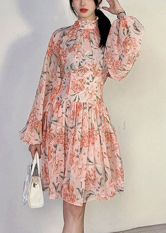 Pink Print Patchwork Chiffon Mid Dress Ruffled Long Sleeve - Image 2