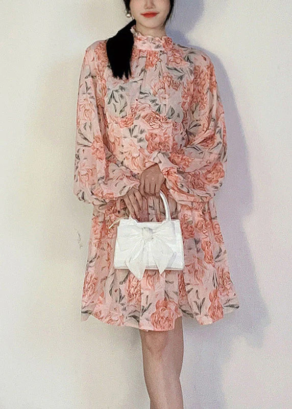 Pink Print Patchwork Chiffon Mid Dress Ruffled Long Sleeve - Image 3