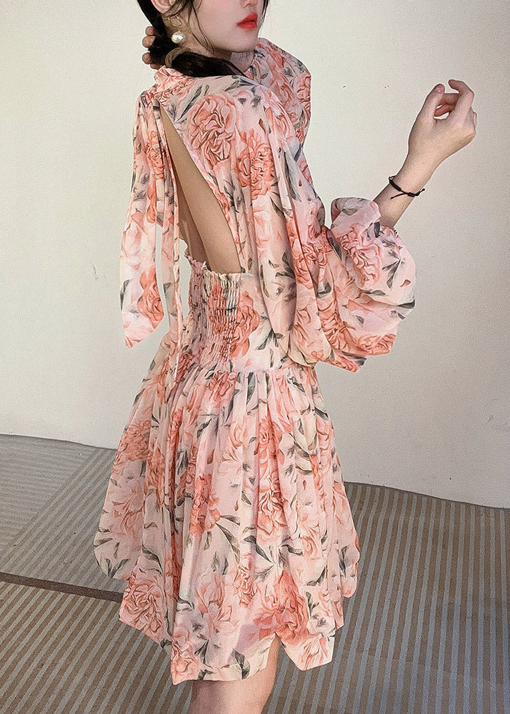 Pink Print Patchwork Chiffon Mid Dress Ruffled Long Sleeve - Image 4