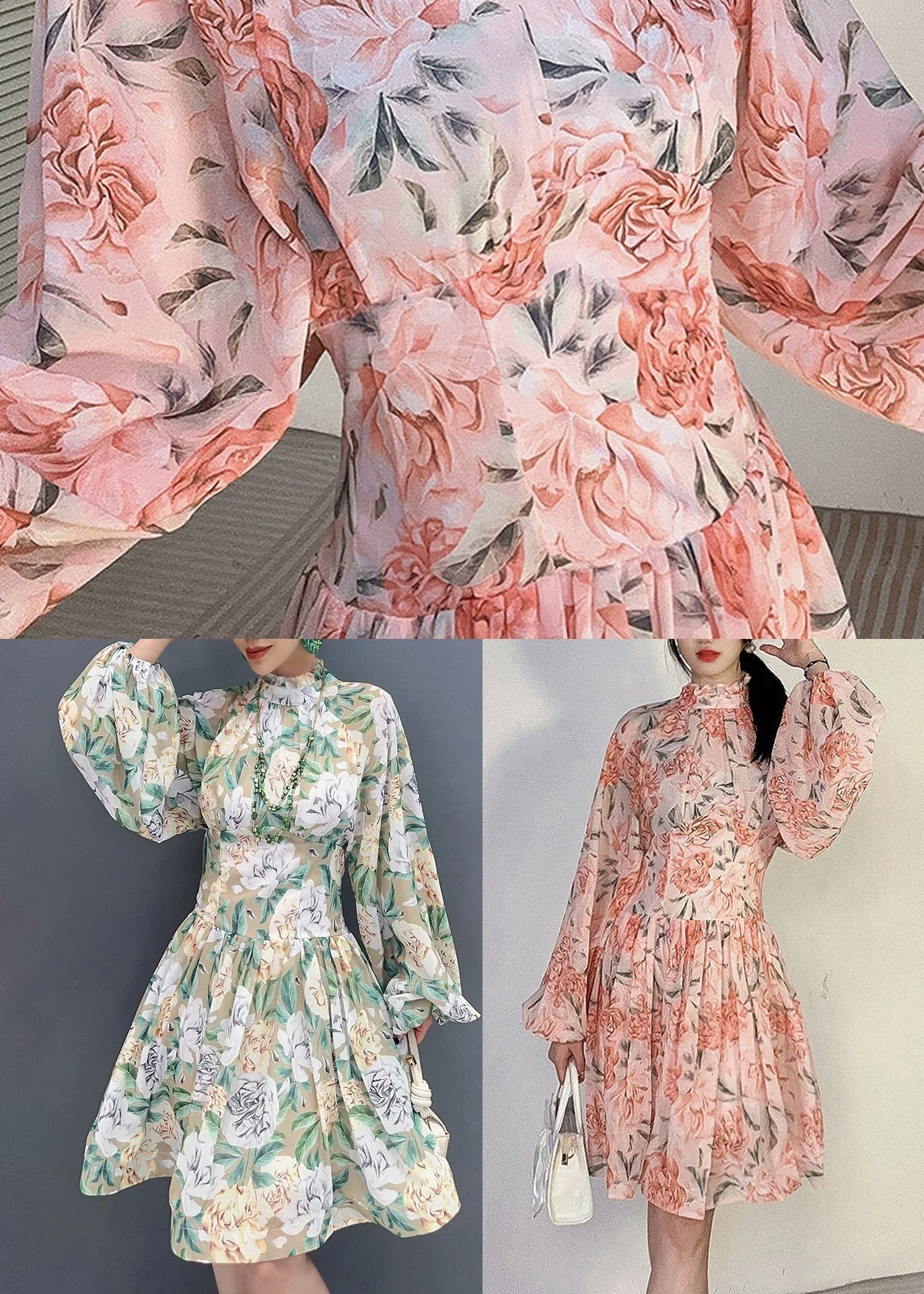 Pink Print Patchwork Chiffon Mid Dress Ruffled Long Sleeve - Image 5
