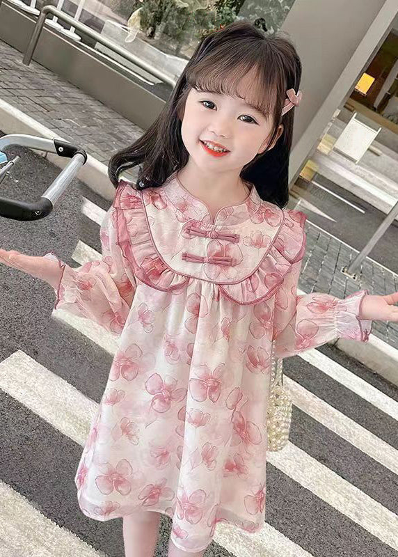 Pink Print Patchwork Cotton Girls Dresses Stand Collar Fall - Image 2