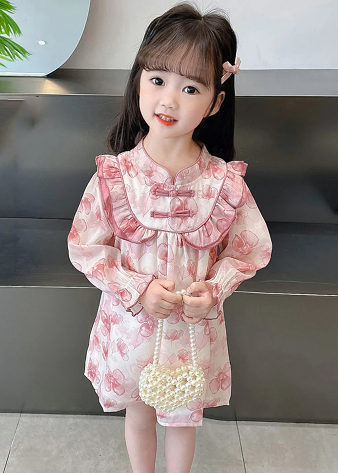 Pink Print Patchwork Cotton Girls Dresses Stand Collar Fall - Image 3