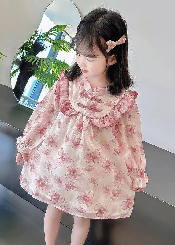 Pink Print Patchwork Cotton Girls Dresses Stand Collar Fall - Image 4