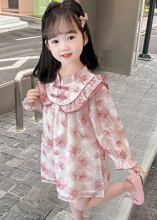 Pink Print Patchwork Cotton Girls Dresses Stand Collar Fall - Image 5