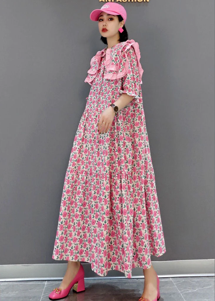 Pink Print Patchwork Cotton Maxi Dresses Half Sleeve - Image 2