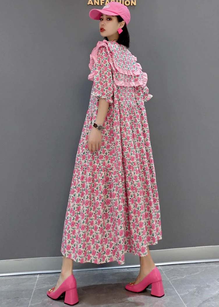 Pink Print Patchwork Cotton Maxi Dresses Half Sleeve - Image 3