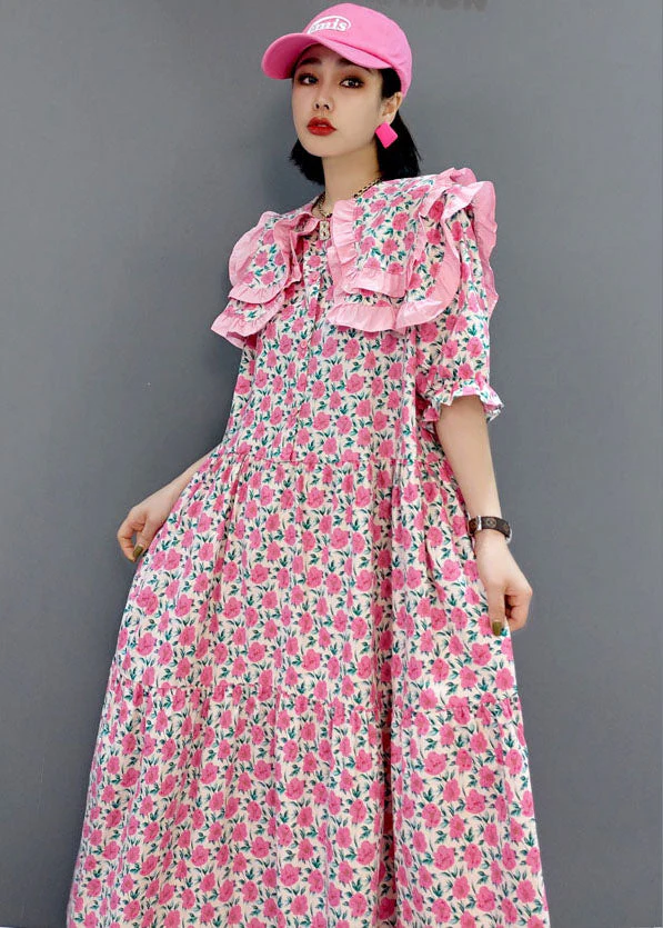 Pink Print Patchwork Cotton Maxi Dresses Half Sleeve - Image 4