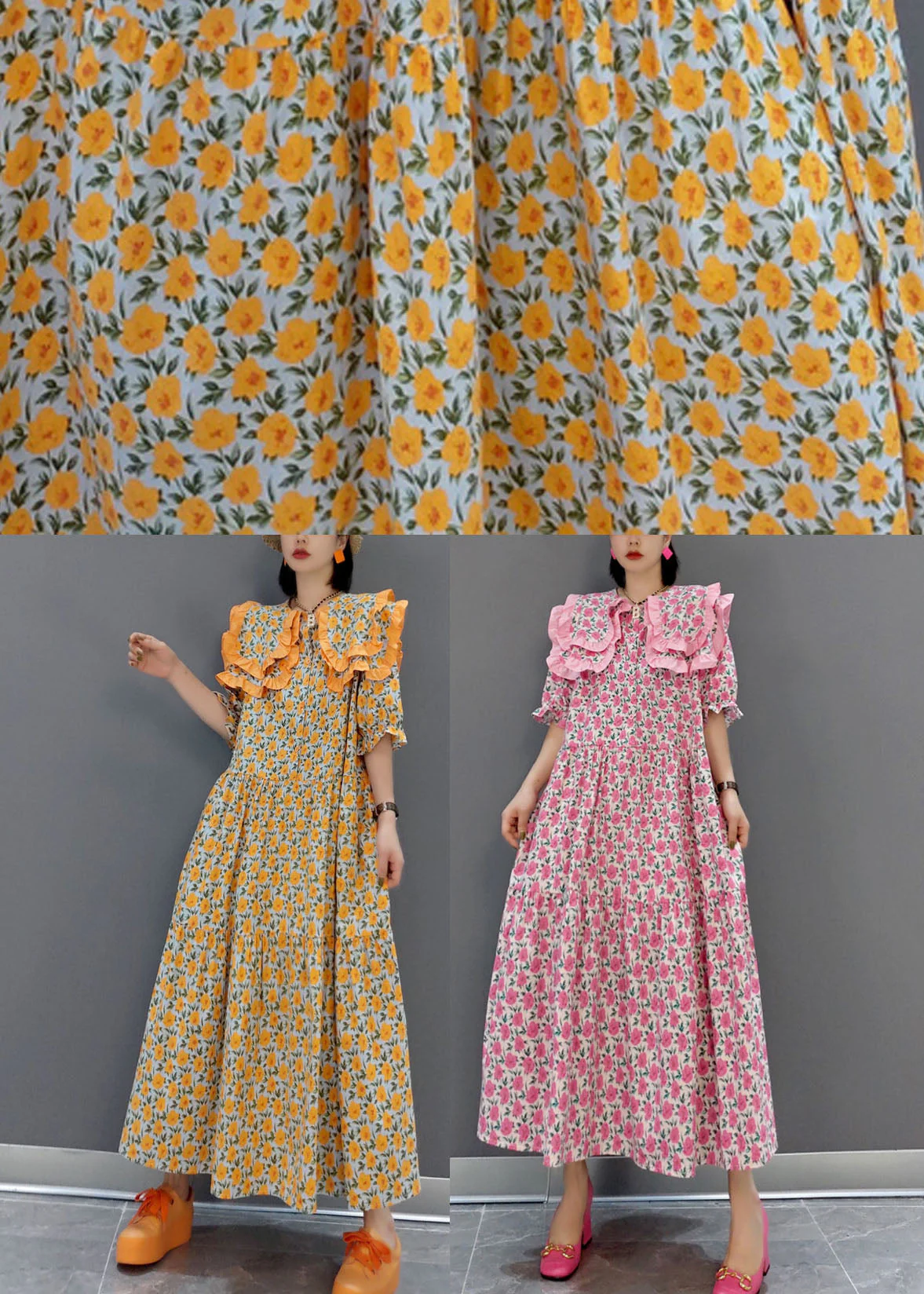 Pink Print Patchwork Cotton Maxi Dresses Half Sleeve - Image 5