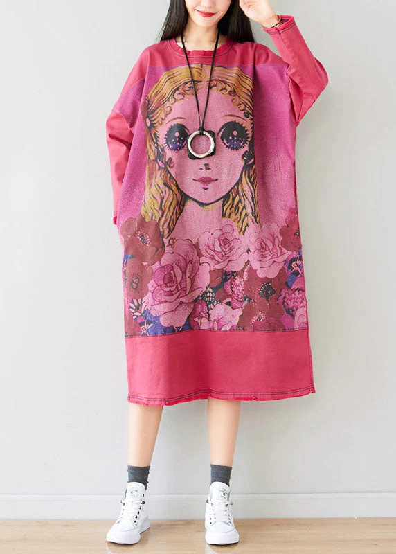 Pink Print Patchwork Cotton Maxi Dresses O Neck Spring - Image 2