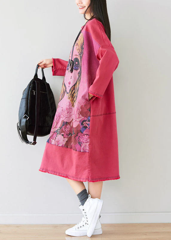 Pink Print Patchwork Cotton Maxi Dresses O Neck Spring - Image 4