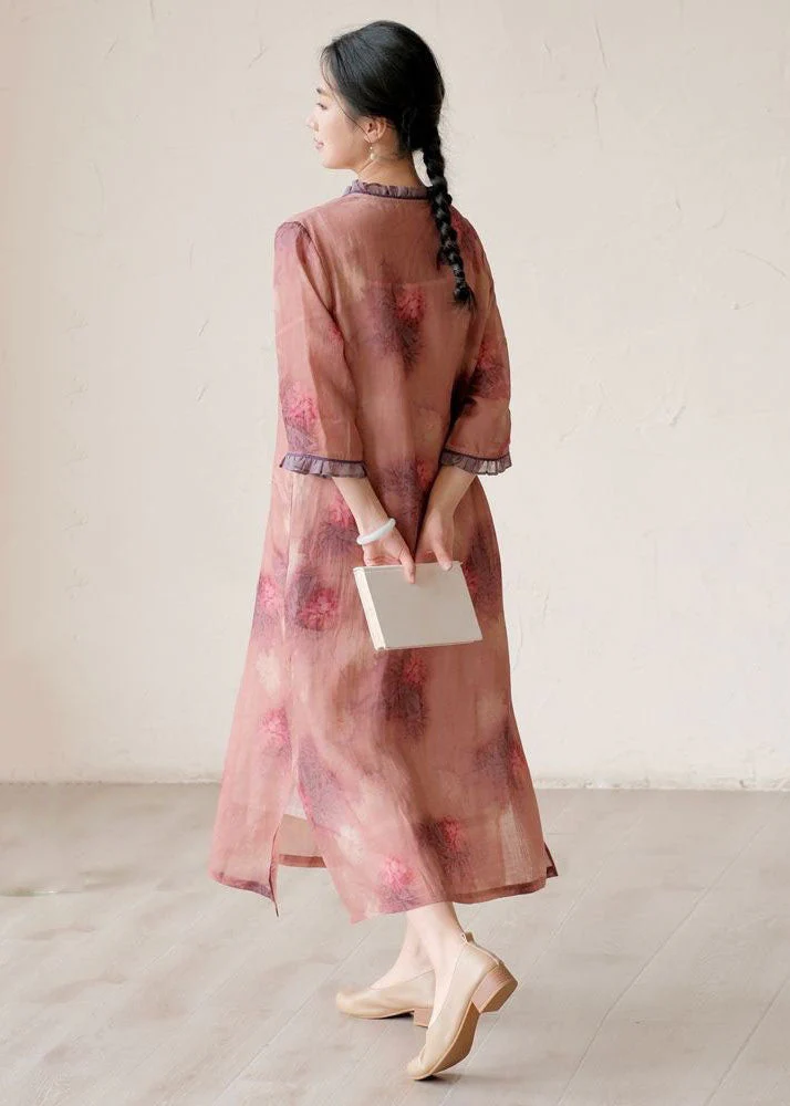 Pink Print Patchwork Linen Dresses Ruffled Side Open Summer - Image 3
